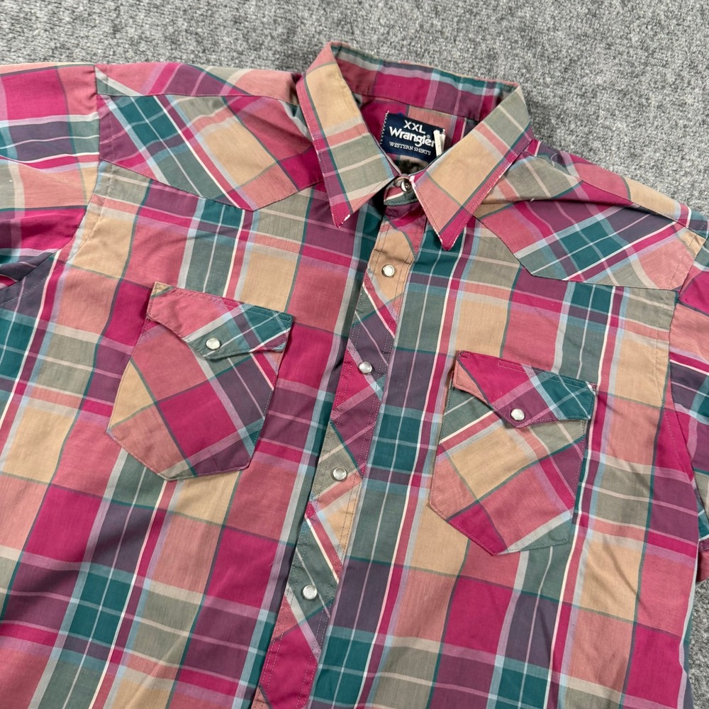 Wrangler Western Shirt Mens XXL Pink Plaid Pearl Snap Short Sleeve Cowboy Top